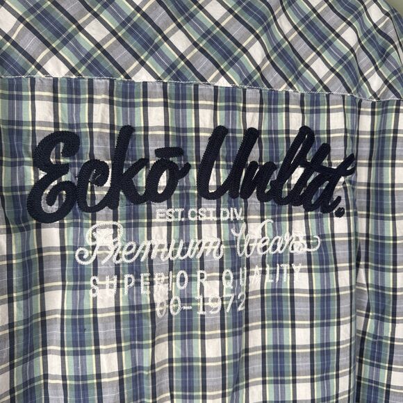 Ecko Unltd Mens XL Blue Plaid Short Sleeve Pearl‎ Snap Western Button Up Patches - Picture 5 of 14